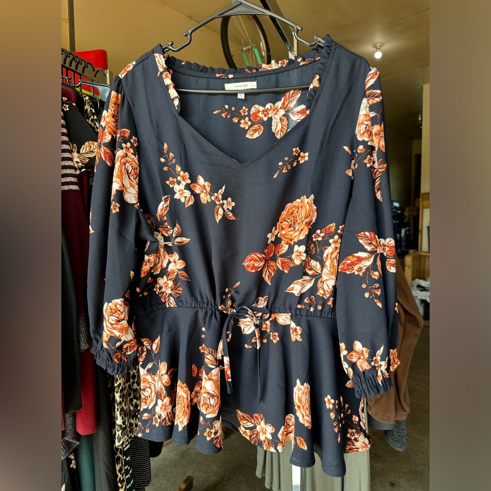 Blue floral cinched waist ruffle neck peasant top